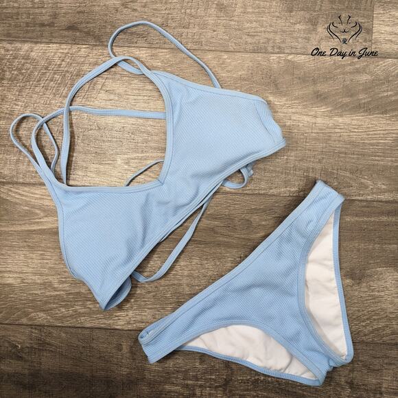 SweatyRocks Ribbed Spaghetti Strap Criss Cross Back Bikini Swimsuit Size S - Picture 3 of 4